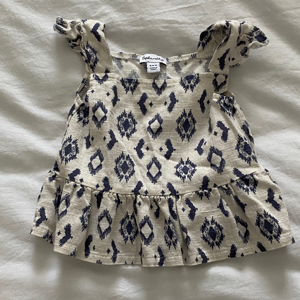 Splendid Cream and Navy Printed Ruffle Tank Top